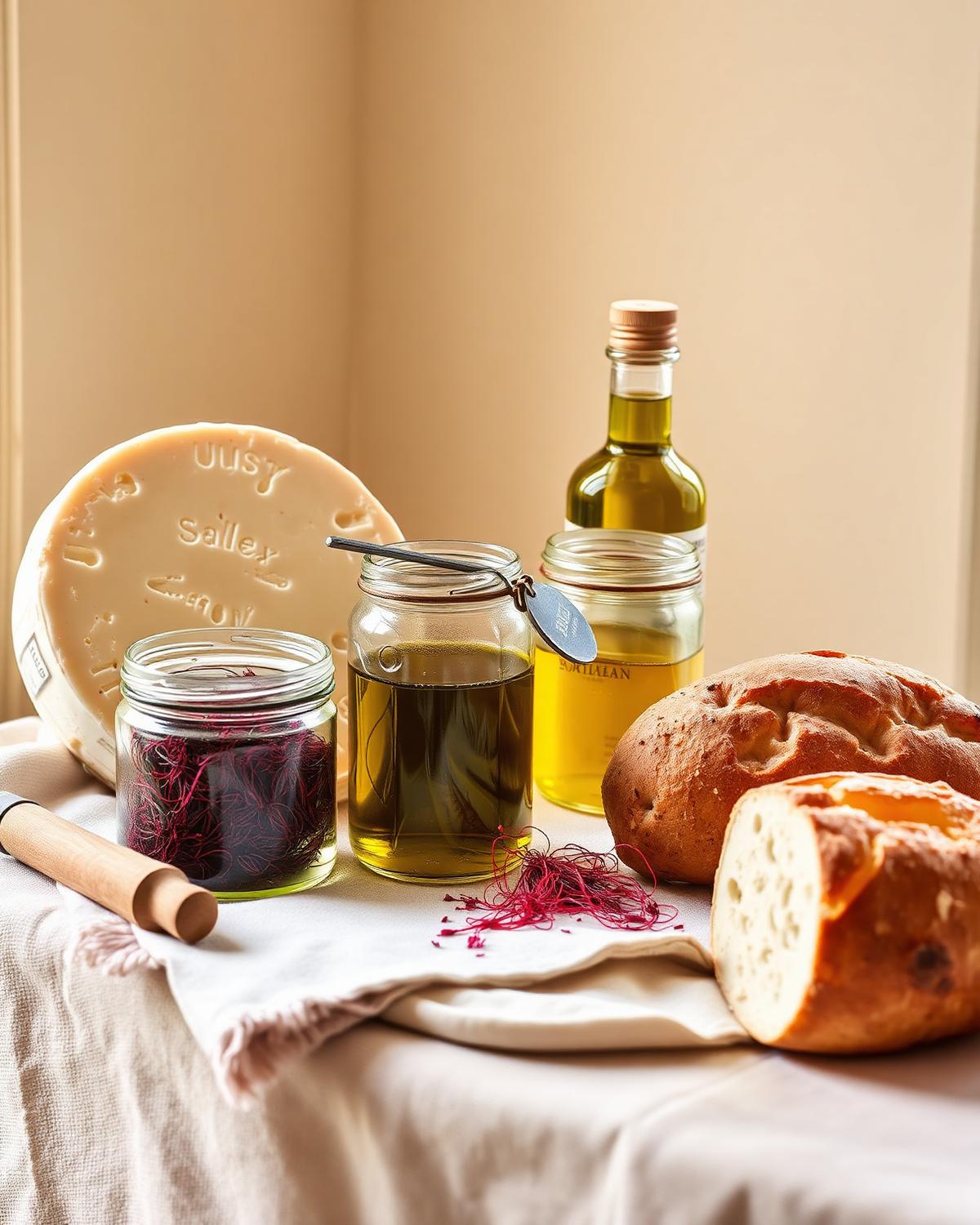 Mediterranean produce — olives, oil and bread